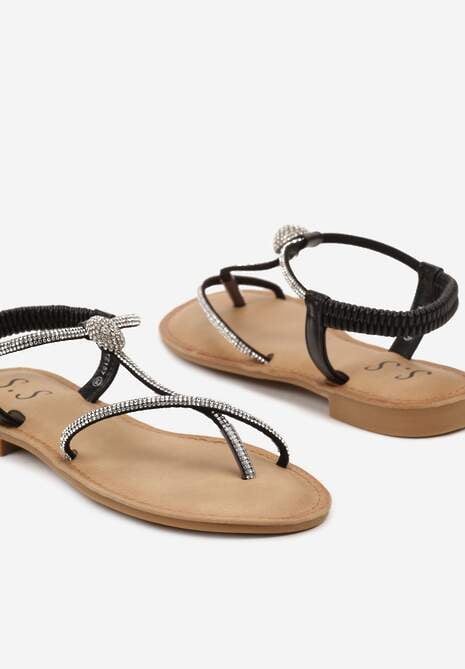 Czarne Sandały Japonki na Płaskiej Podeszwie z Cyrkoniami na PaseczkachTessama
