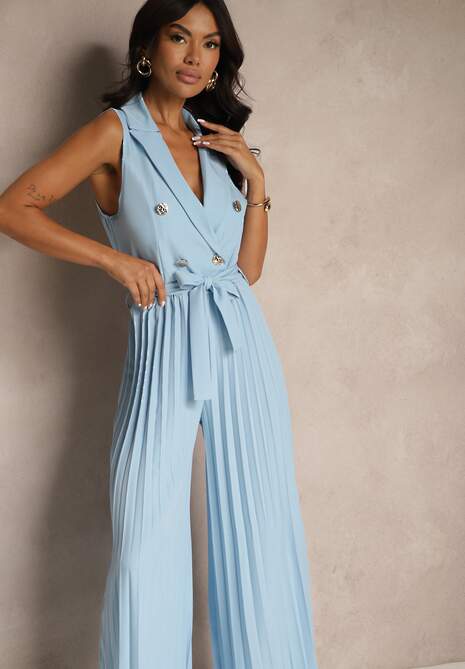 Niebieski Kombinezon Taliowany w Garniturowym Stylu z Paskiem i Guzikami Fillomia