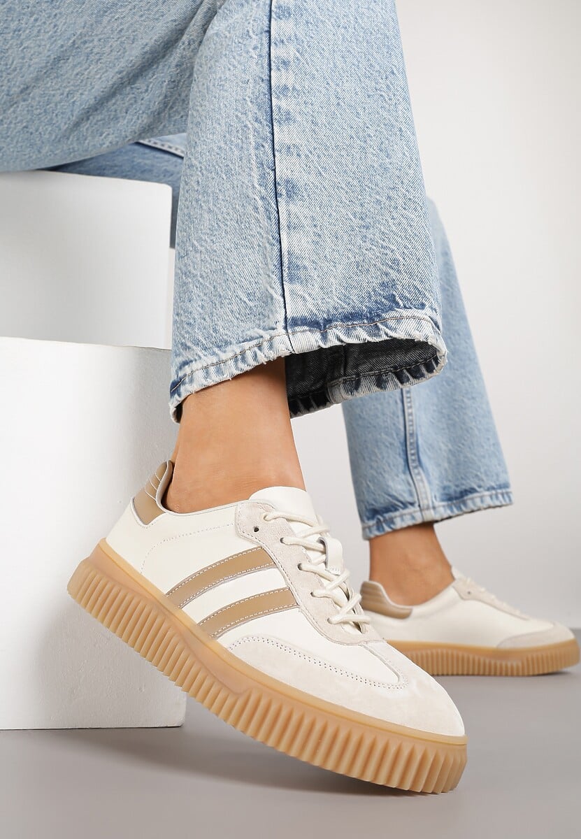 Beżowo-Brązowe Zamszowe Sneakersy w Stylu Kultowych Tenisówek ze Skórzaną Wkładką Tenannia