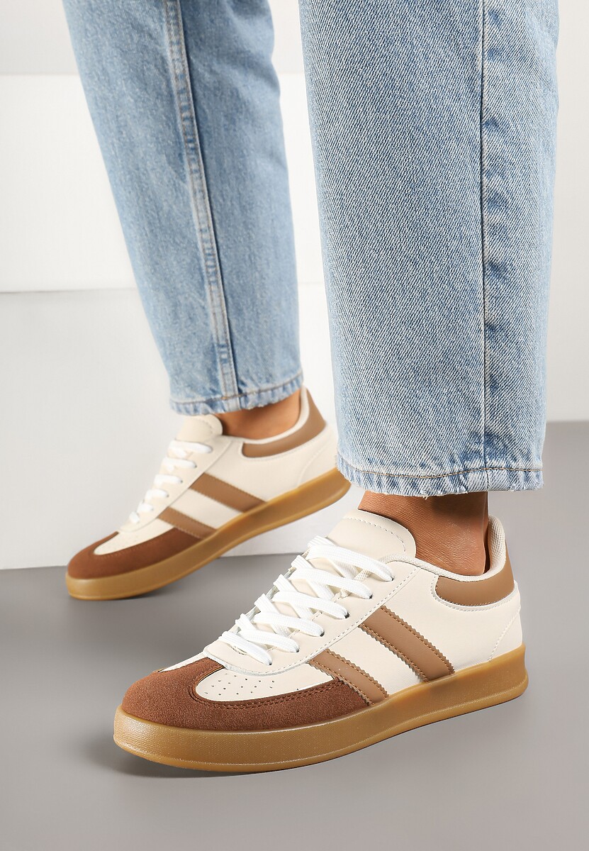 Beżowo-Białe Sneakersy w Stylu Klasycznych Tenisówek Zdobione Przeszyciami Ivelfia