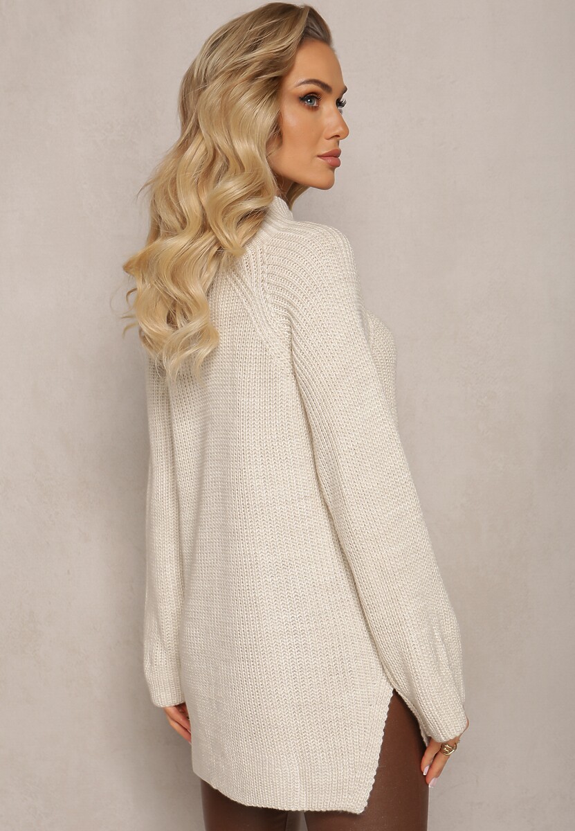 Beżowy Dzianinowy Golf z Rozszerzanymi Rękawami z Rozcięciem Vucta