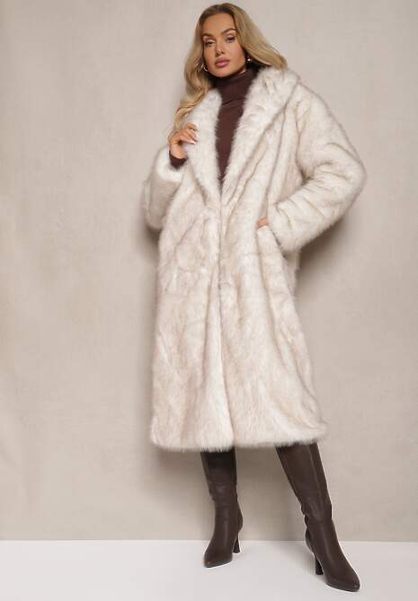 Biały Elegancki Płaszcz z Miękkiego Futra z Wsuwanymi Kieszeniami Inatrella