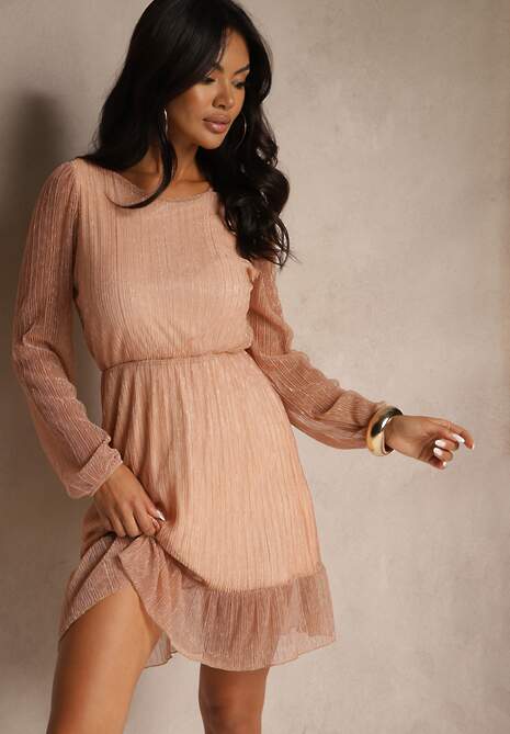 Szampańska Rozkloszowana Wiskozowa Sukienka z Metaliczną Nicią Melanissa