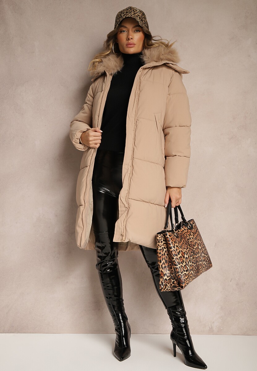 Beżowa Kurtka o Długim Kroju z Pikowaniem Odpinanym Futerkiem i Kapturem Vilathra