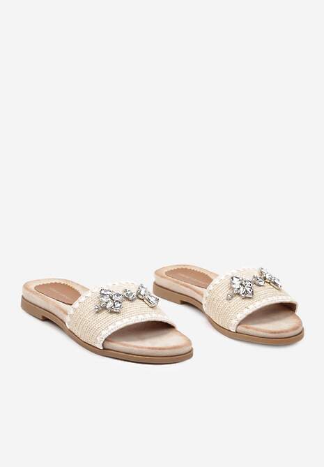 Beżowe Klapki Pasek z Plecionki i Aplikacja z Cyrkonii Narhi