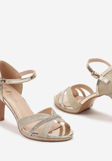 Złote Eleganckie Sandały z Ekoskóry na Szpilce Ozdobione Cyrkoniami Aldenima