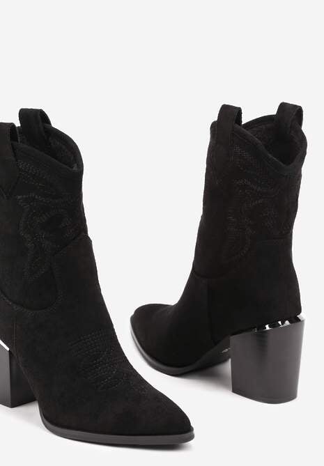 Czarne Ażurowe Botki na Słupku w Kowbojskim Stylu Mevith