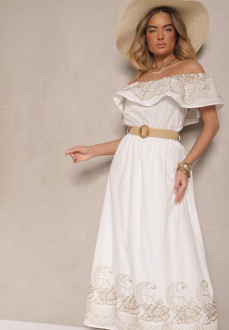 Biała Sukienka Boho o Kroju Hiszpanki Zdobiona Haftem i Paskiem z Klamrą Vallisca