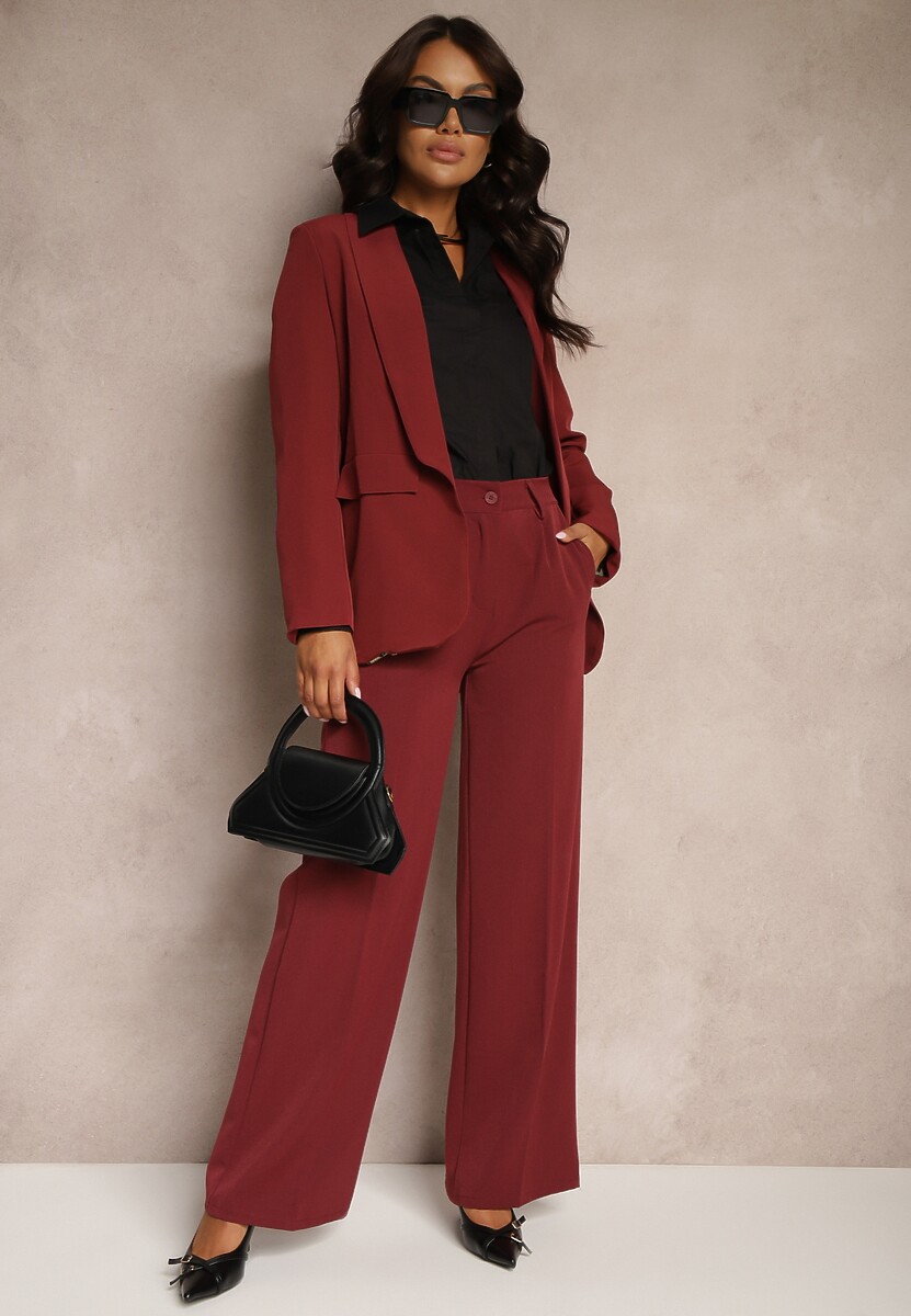 Bordowa Niezapinana Marynarka o Prostym Kroju z Imitacją Kieszeni i Podszewką w Cętki Sartea