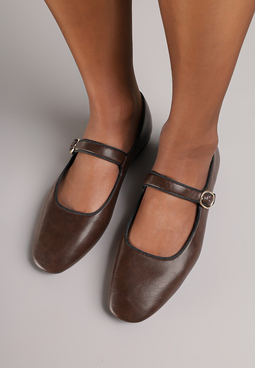 Brązowe Balerinki Vices z Wkładką ze Skóry Naturalnej Ozdobione Paskiem Patantie