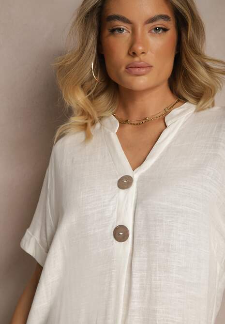 Biała Sukienka z Bawełny o Pudełkowym Kroju z Dużymi Guzikami Elanorella