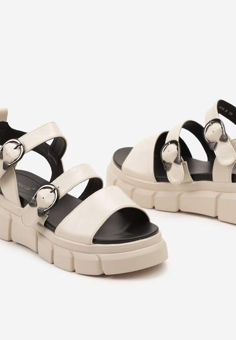 Beżowe Sandały z Ekoskóry Zapinane Wokół Kostki na Grubej Podeszwie Zadora