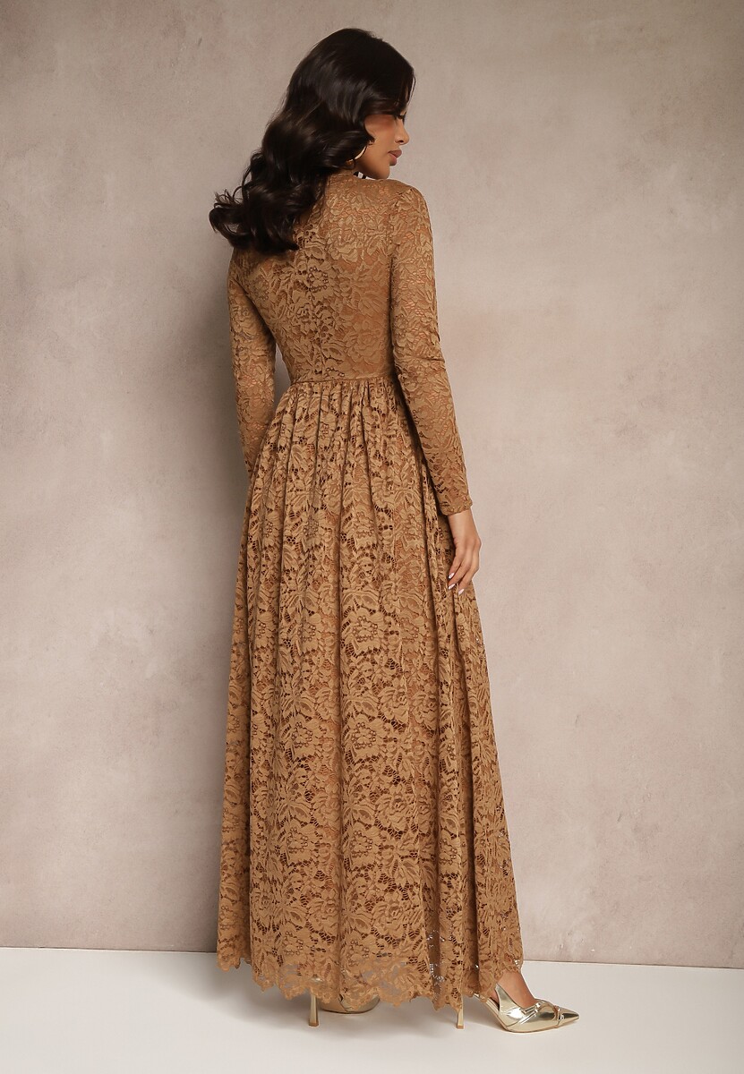 Beżowa Koronkowa Sukienka o Rozkloszowanym Kroju ze Stójką i Gumką w Pasie Delidra