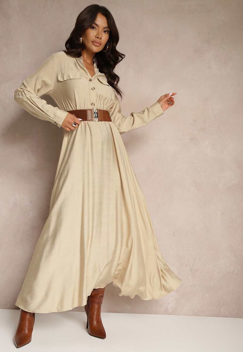 Czarna Koszulowa Sukienka o Rozkloszowanym Kroju z Paskiem i Gumką Zinfretta