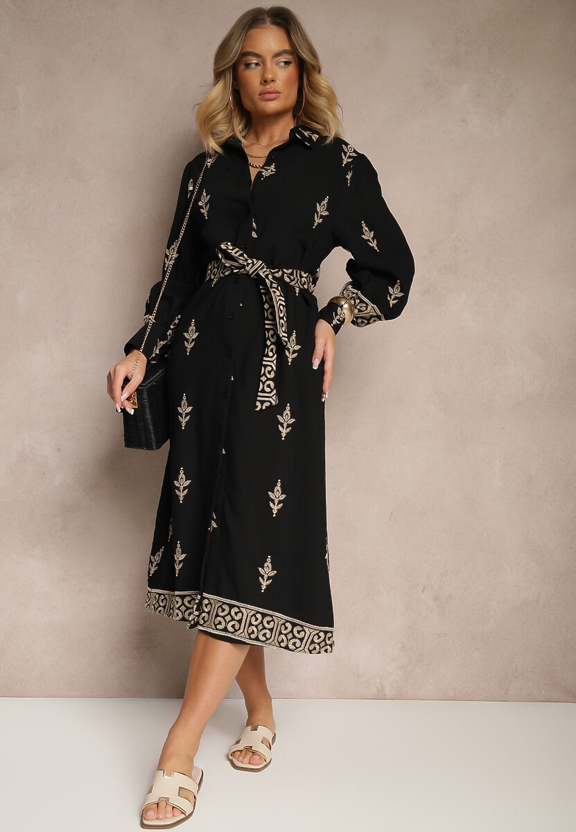 Czarna Koszulowa Sukienka w Stylu Szmizjerki z Wiskozy Wiązana w Talii Telaniwena