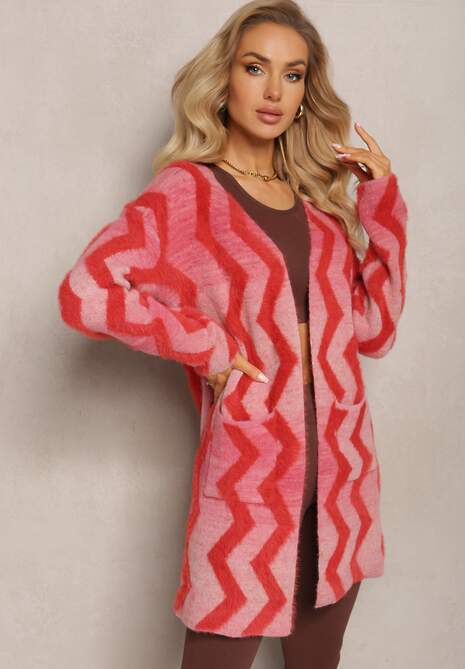 Czerwony Luźny Kardigan Niezapinany w Geometryczny Print Sheshy