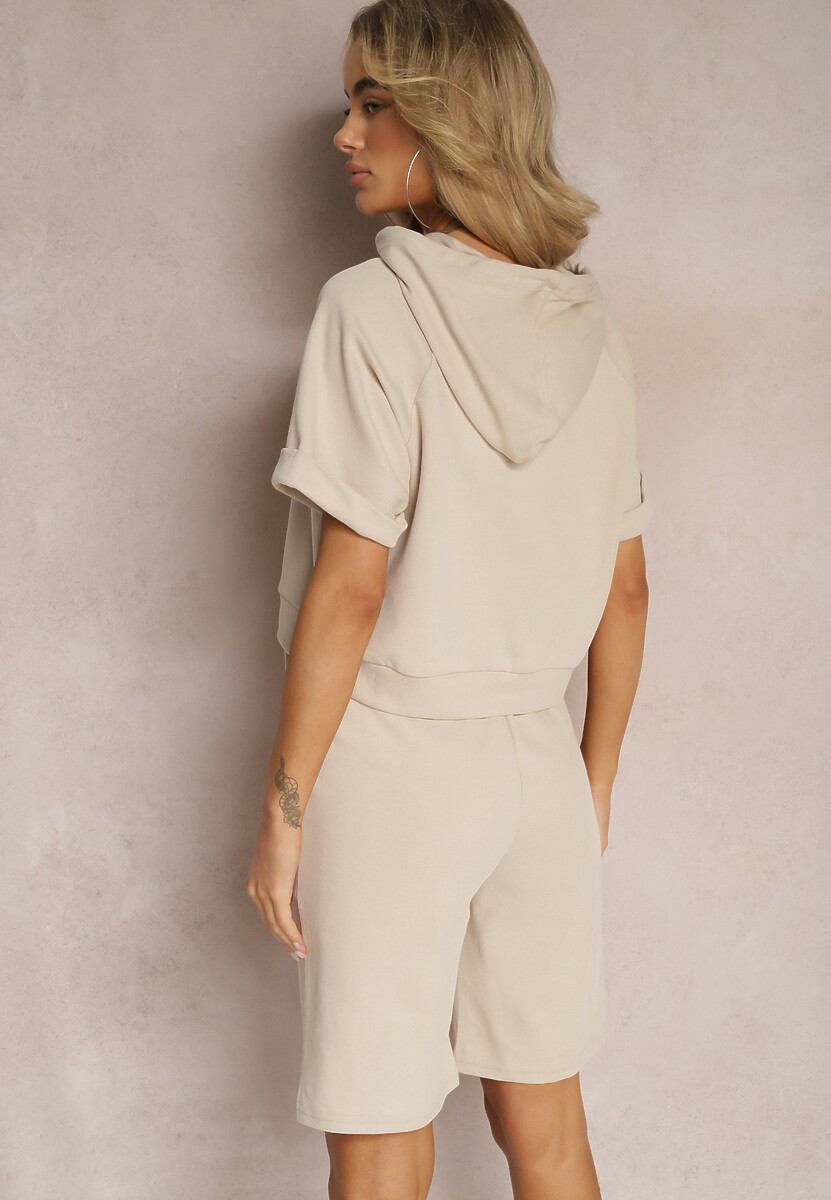 Beżowy Komplet Dresowy Bluza z Kapturem i Krótkimi Rękawami oraz Szorty Choana