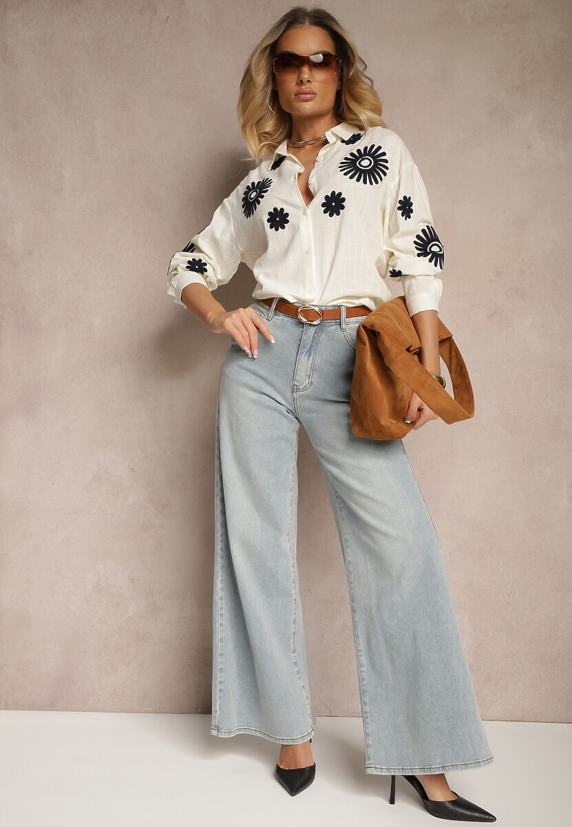 Beżowa Koszula z Bawełny Ozdobiona Haftem Erisienna