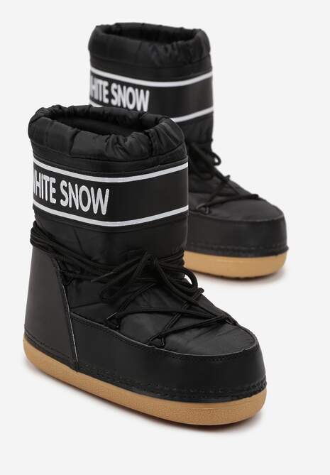 Czarne Ocieplone Śniegowce Wsuwane z Ozdobnym Napisem i Sznurowaniem Nalissa