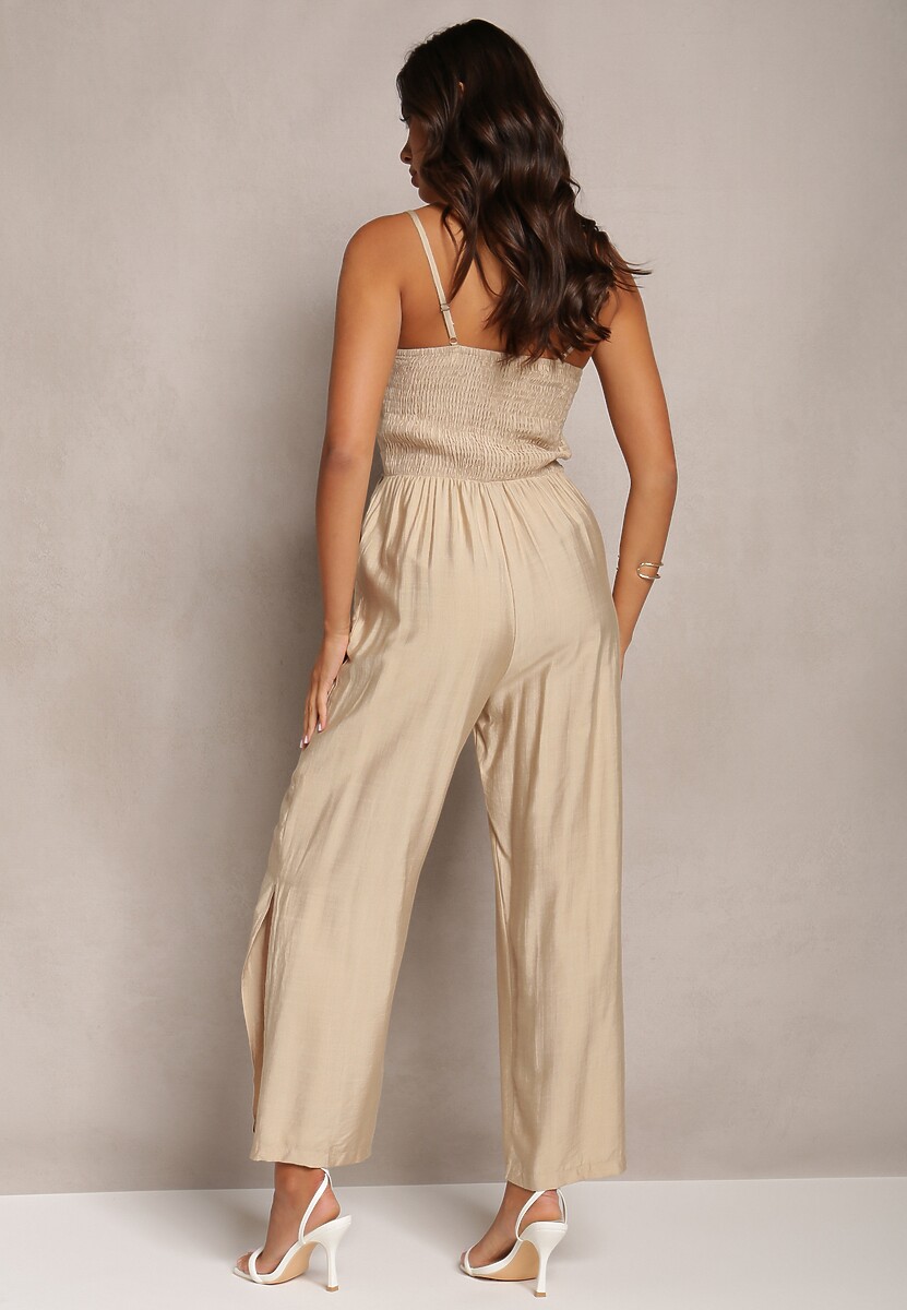 Beżowy Długi Kombinezon z Szerokimi Nogawkami na Cienkich Ramiączkach Jemanne