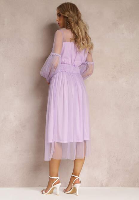 Fioletowa Tiulowa Sukienka Rozkloszowana z Koronką Nirthe