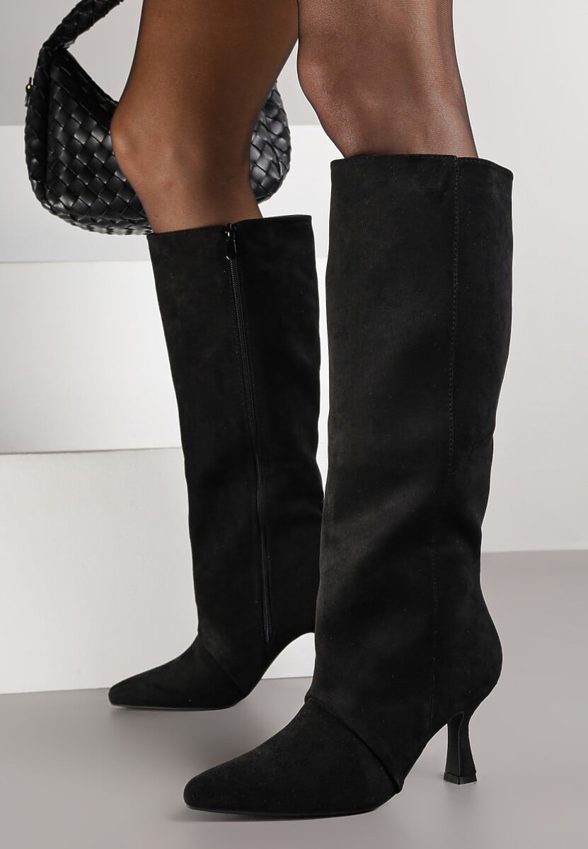 Czarne Kozaki z Imitacji Zamszu z Przeszywaną Cholewką i Obcasem Kaczuszka Anuvitte