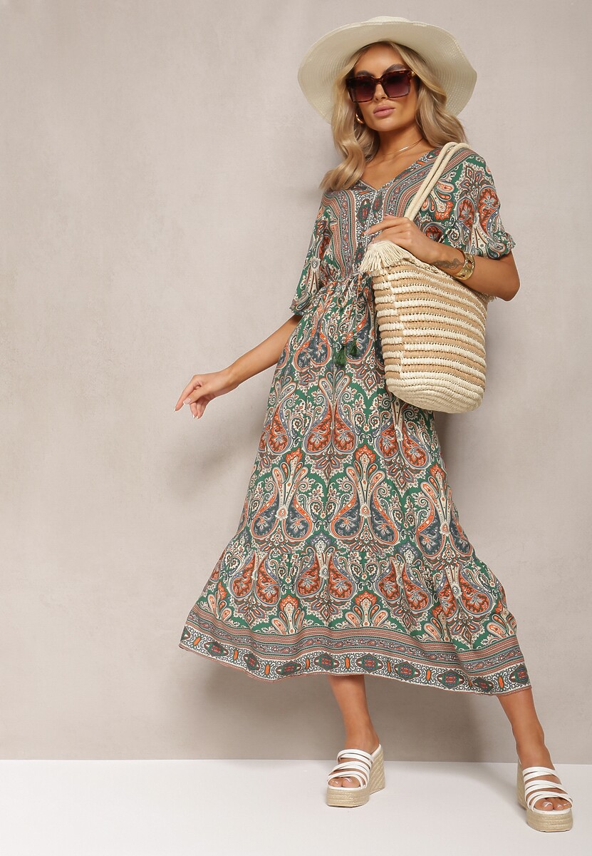 Zielono-Brązowa Wiskozowa Sukienka Maxi z Gumką w Pasie Ozdobiona Wzorem Paisley Larite