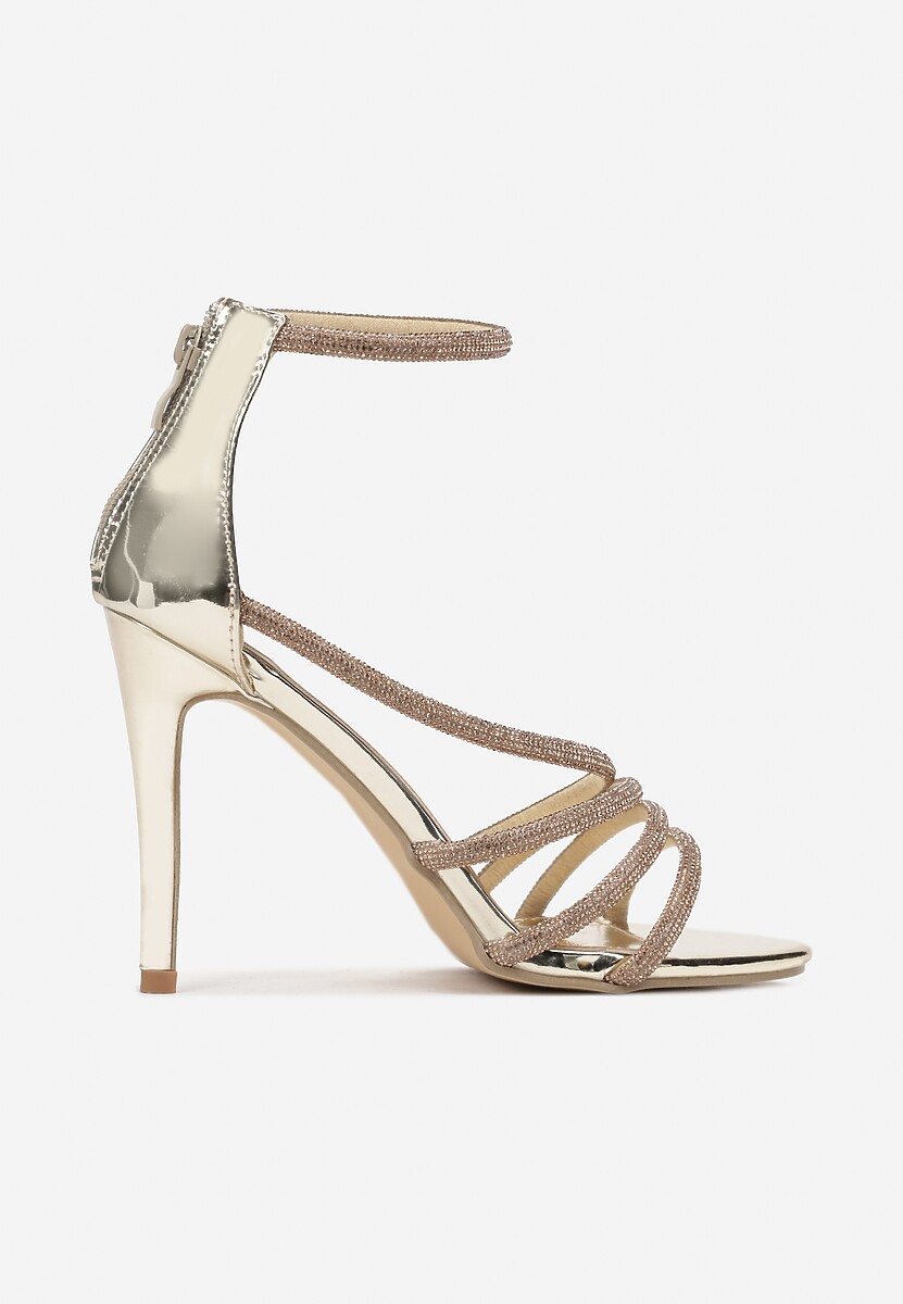 Złote Sandały z Paskami w Cyrkonie na Szpilce Fiarra