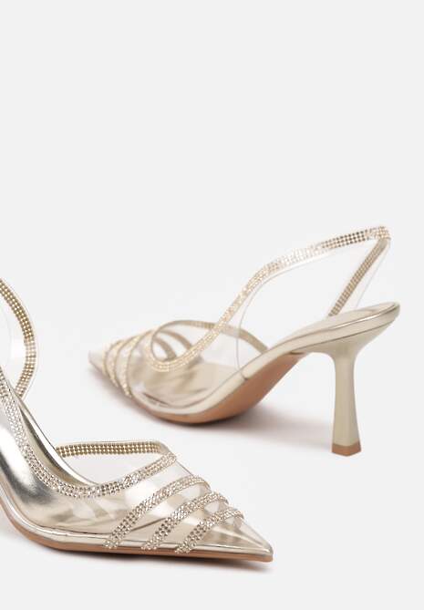 Złote Sandały Transparentne z Cyrkoniami na Obcasie Typu Szpilka Felinira