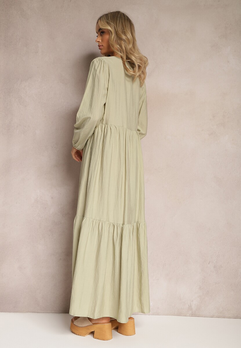 Zielona Rozkloszowana Sukienka Pudełkowa Maxi z Ozdobnymi Guzikami Nervatti