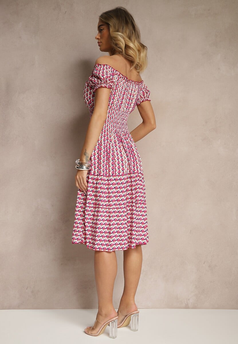 Różowa Bawełniana Sukienka z Bufiastymi Rękawami i Guzikami Ronimera