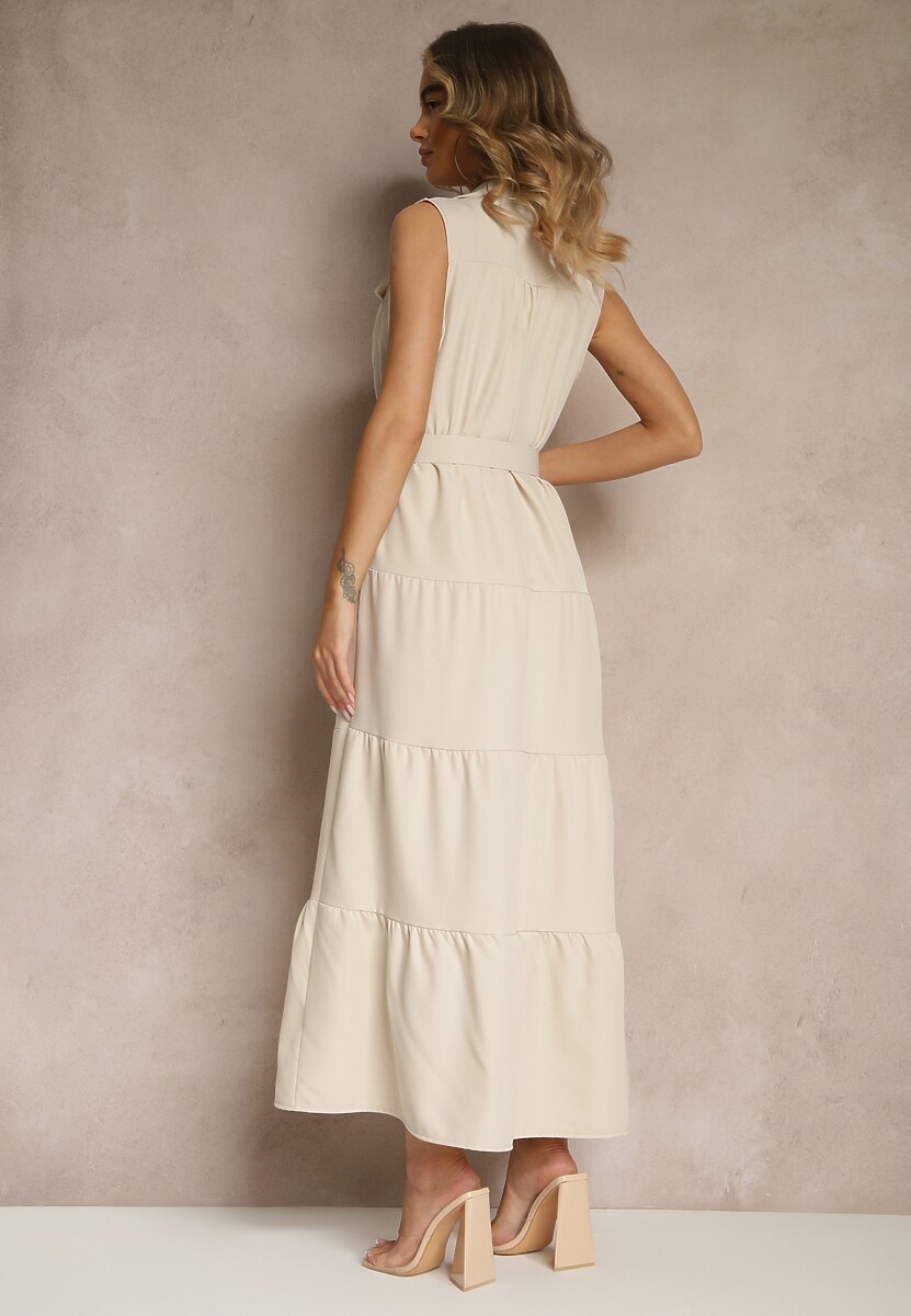 Beżowa Sukienka Koszulowa z Ozdobnymi Guzikami i Paskiem Maviosa