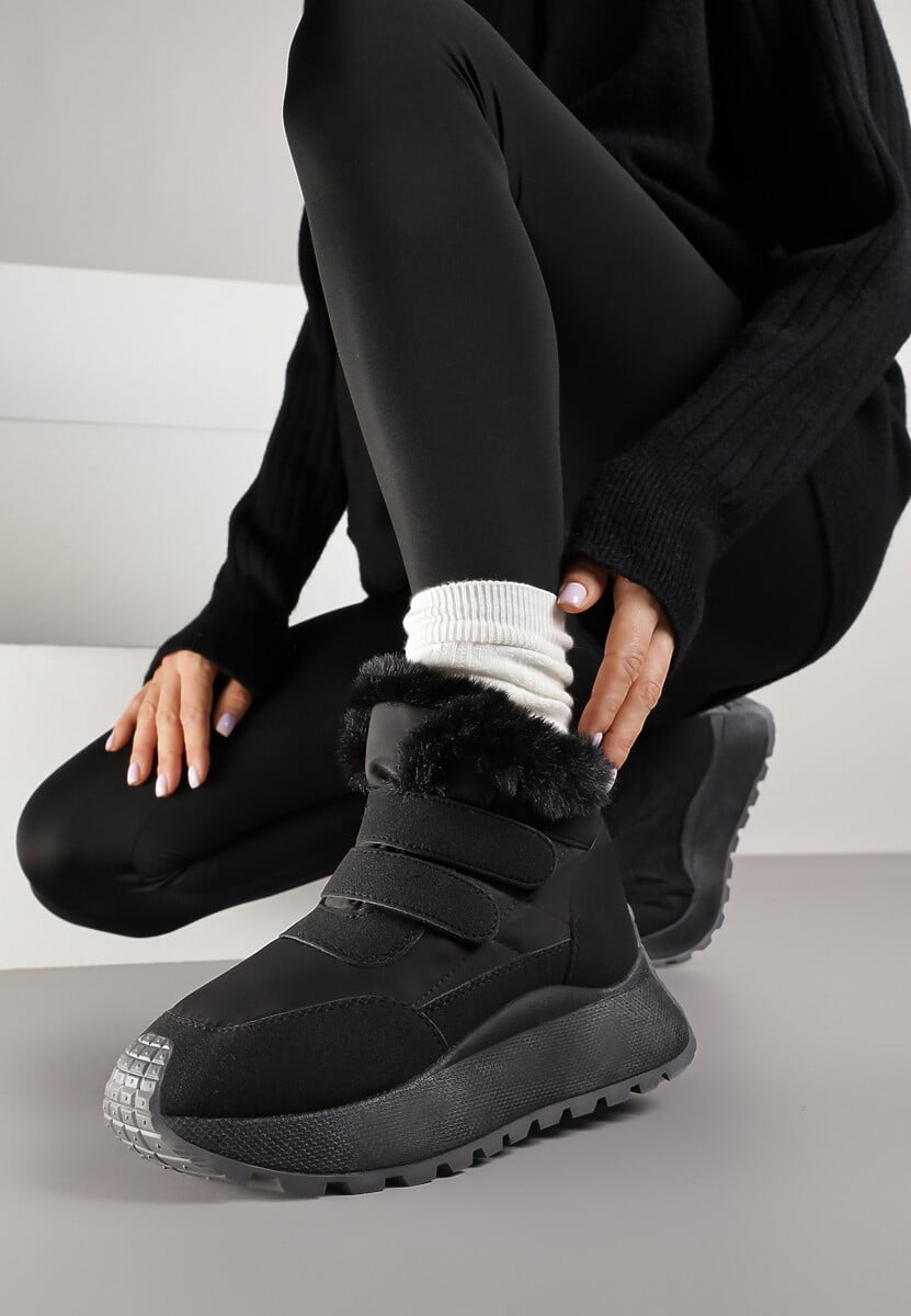 Beżowe Sneakersy Śniegowce Vices z Futerkiem na Platformie Zapinane na Rzep Nelosena