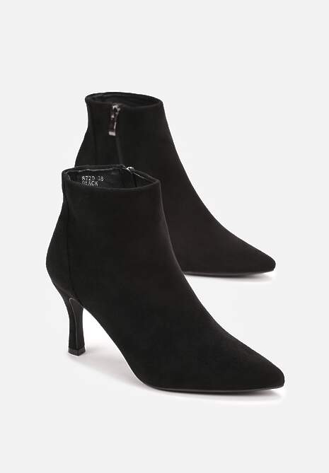 Czarne Botki z Zamkiem Błyskawicznym na Niewysokiej Szpilce z Imitacji Zamszu Ruriana