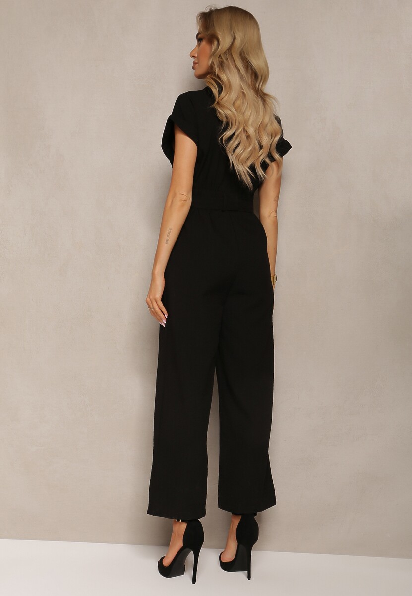 Czarny Kombinezon z Długimi Nogawkami i Krótkim Rękawem z Guzikami i Paskiem Jolmeria