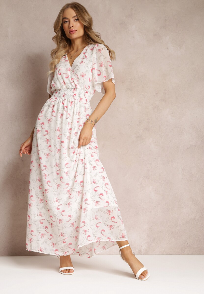 Biała Rozkloszowana Sukienka z Elastyczną Gumką w Pasie Matalie