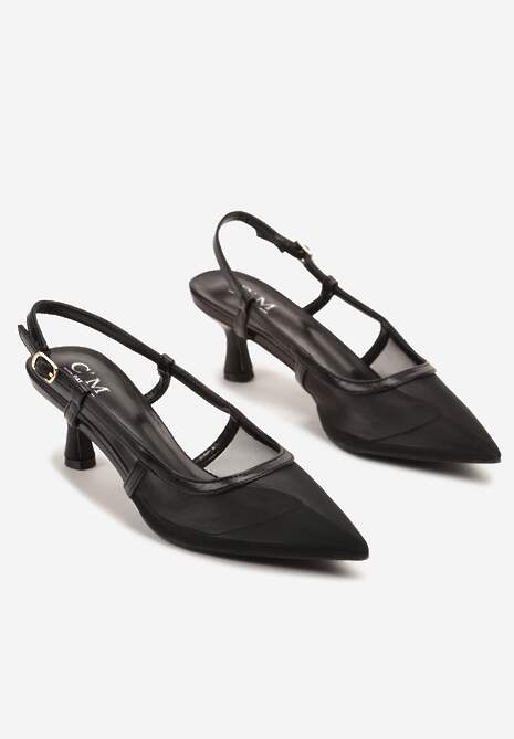 Czarne Siateczkowe Sandały Slingback na Niskim Obcasie Syltewi