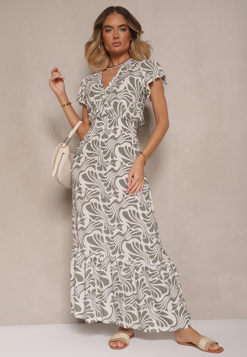 Biało-Zielona Kopertowa Sukienka z Ozdobną Falbanką w Kwiatowy Print Velmoi