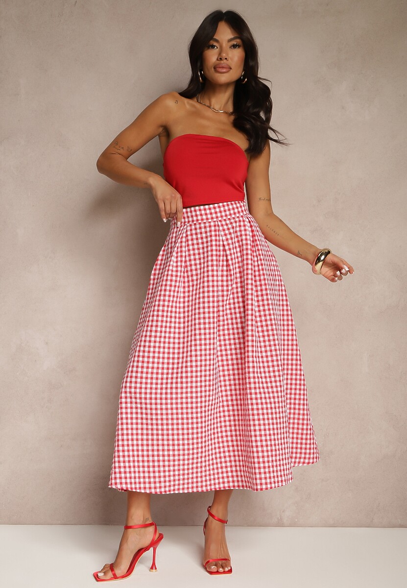 Czerwona Długa Spódnica z Bawełną w Kratkę o Rozkloszowanym Fasonie Leandiwen
