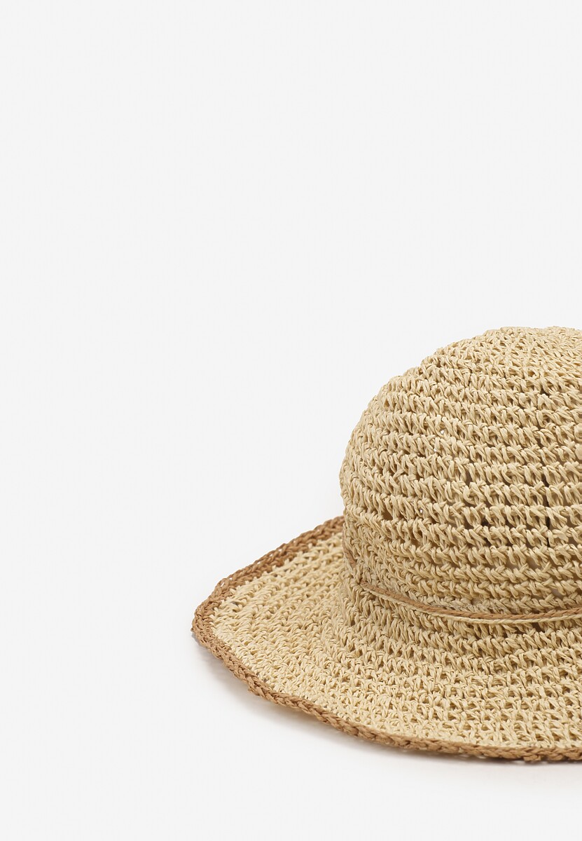 Beżowy Pleciony Kapelusz Plażowy Ozdobiony Rzemykiem Wilhelnella