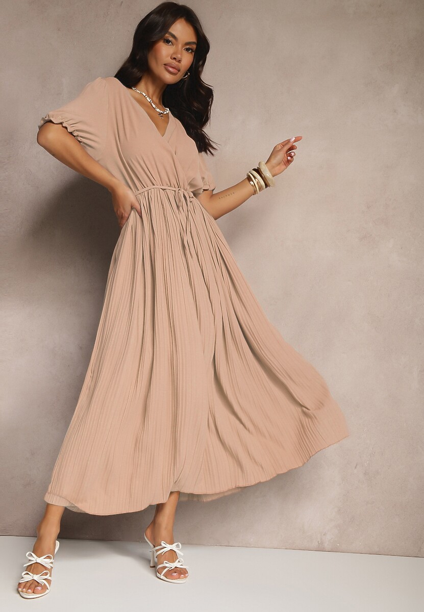 Beżowa Sukienka z Bawełną Ozdobiona Kopertowym Dekoltem i Paskiem Grellevia