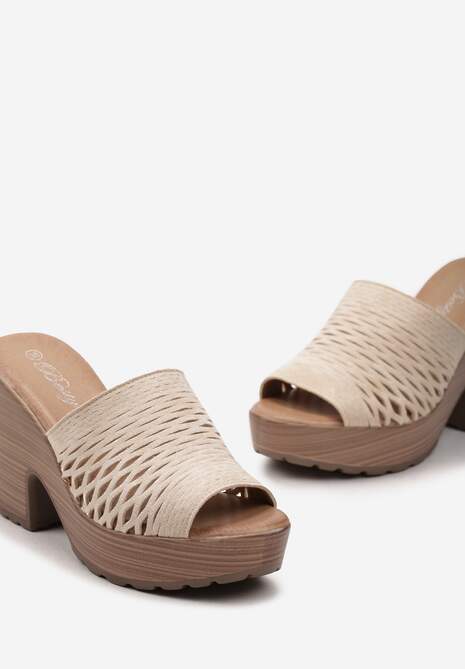 Beżowe Ażurowe Klapki Chodaki na Platformie i Słupku Sabinna