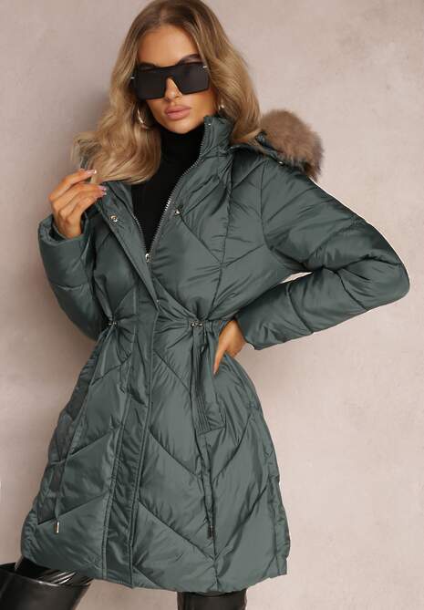 Zielona Długa Pikowana Kurtka w Stylu Parki z Troczkiem w Pasie i Sztucznym Futerkiem Abelasa