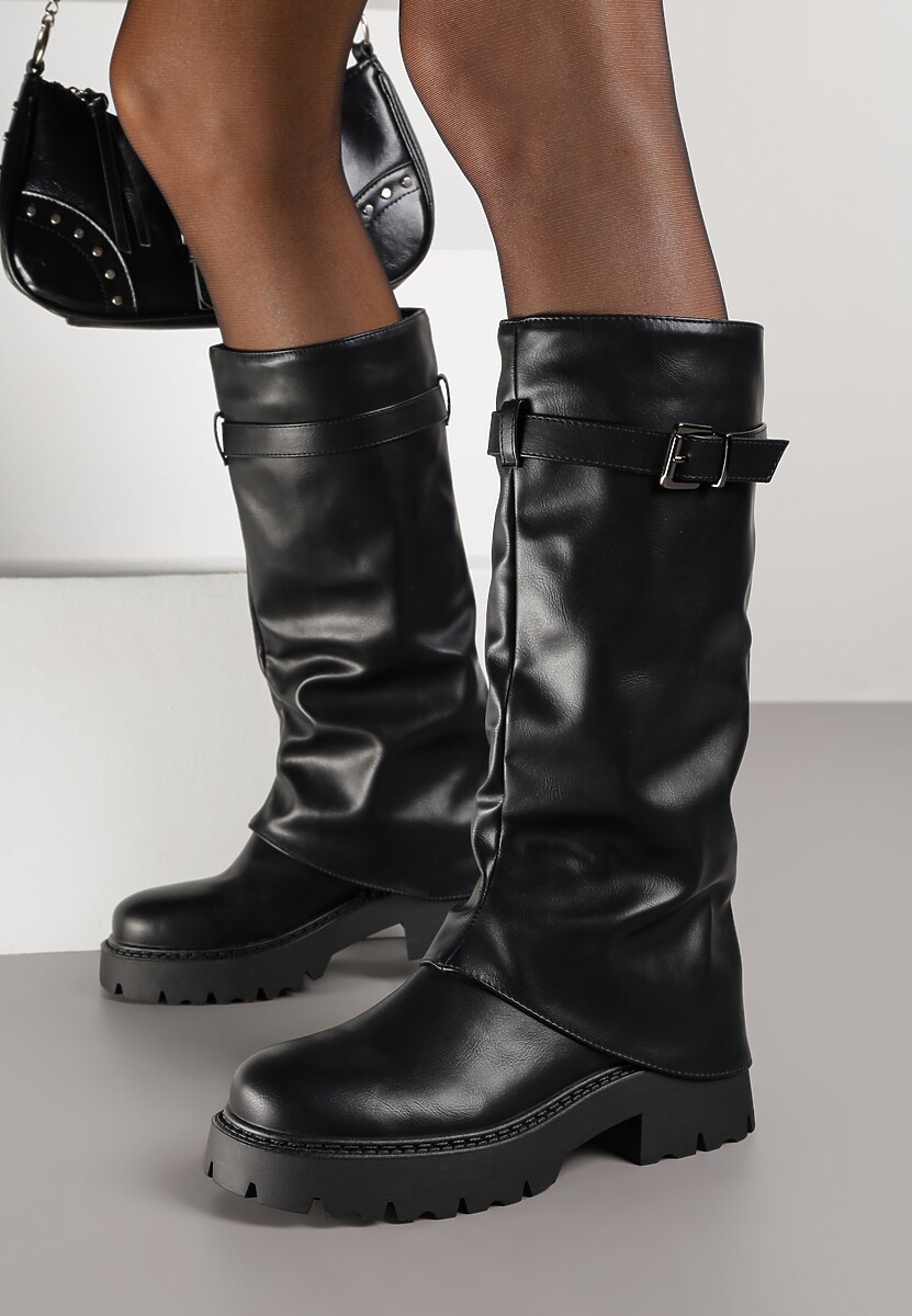 Ciemnobrązowe Kozaki VICES z Marszczoną Cholewką Imitującą Nogawkę ze Sprzączką Valles