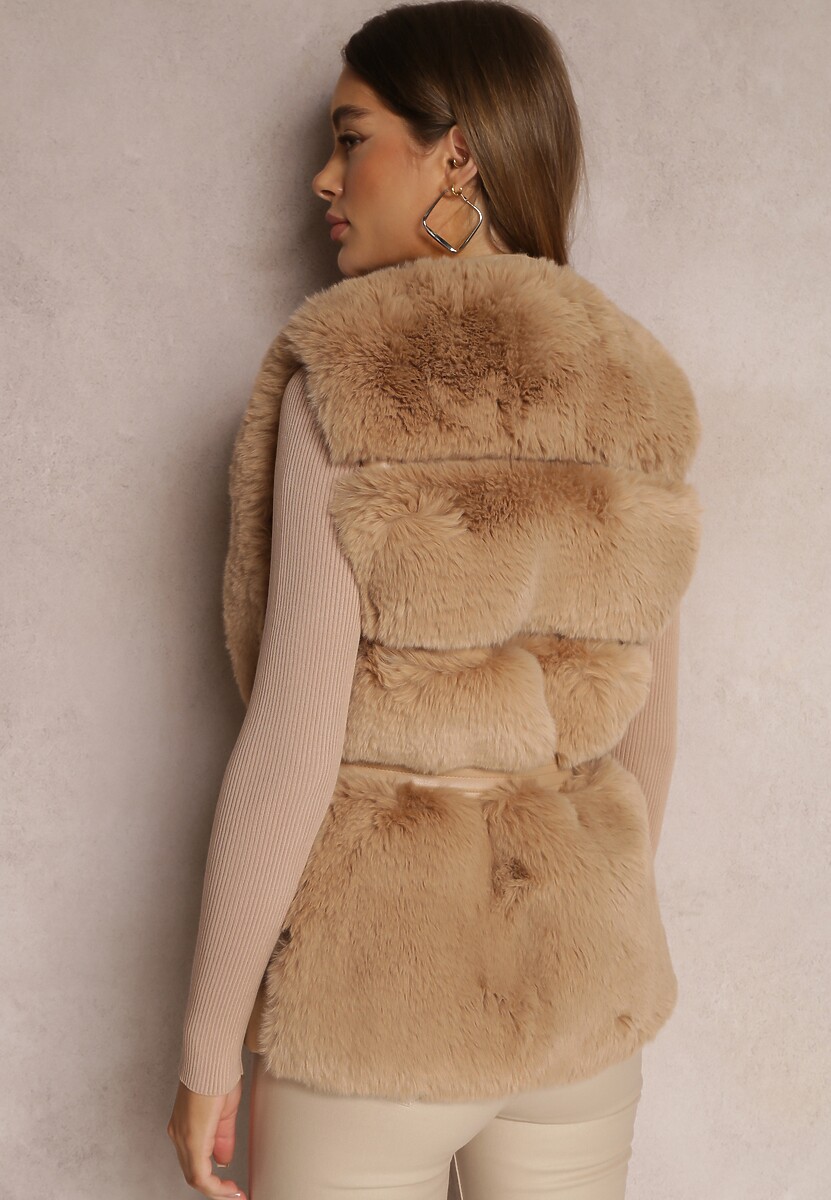 Beżowa Kamizelka  z Futerka i Ekoskóry Wiązana w Pasie Ondoli