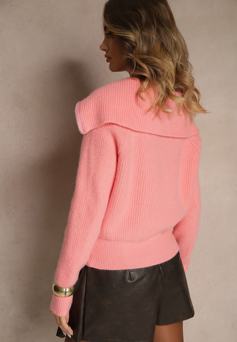 Różowy Kardigan z Wełną o Kroju z Golfem i Zapięciem na Zamek Zinfria