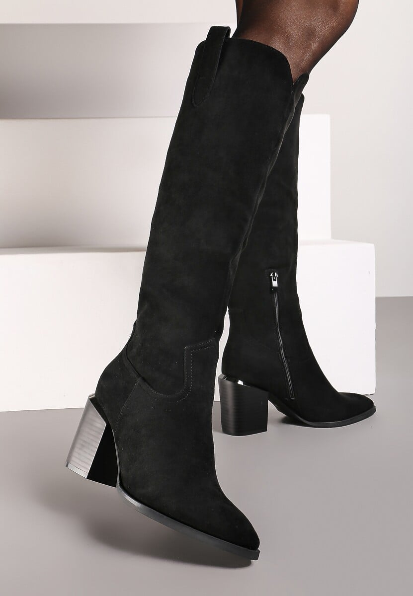 Czarne Kozaki Vices na Słupku Ozdobione Metaliczną Wstawką Moriane