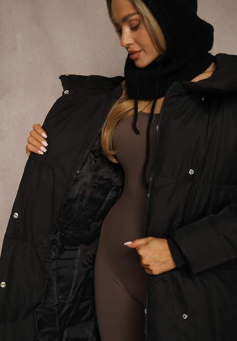 Czarna Długa Kurtka z Pikowanymi Przeszyciami Kapturem i Wiązanym Paskiem Zalirra