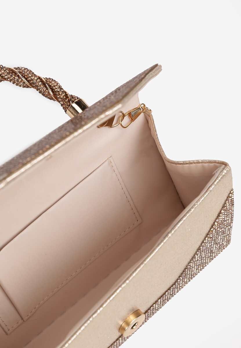 Złota Cyrkoniowa Torebka Kopertówka Zapinana na Magnes z Rączką i Łańcuszkiem Alatia