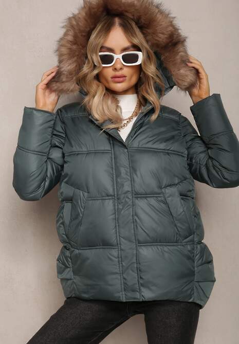 Zielona Kurtka Pikowana z Kapturem i Ozdobnym Futerkiem Mavuna